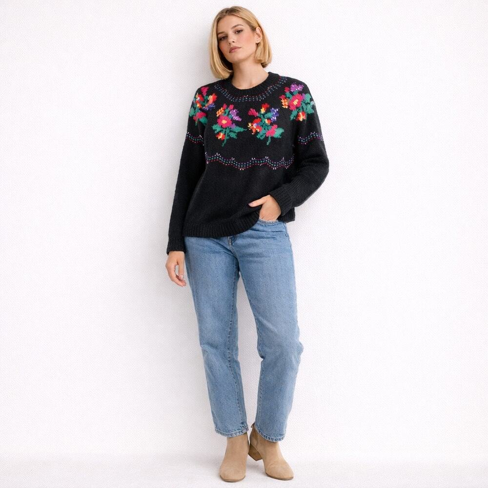 Vintage Cambridge Dry Goods Floral Knit Sweater Black Ramie Cotton Size S